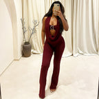 Damen Eleganter Jumpsuit mit anpassbarem Ausschnitt und schickem Gürtel R&B