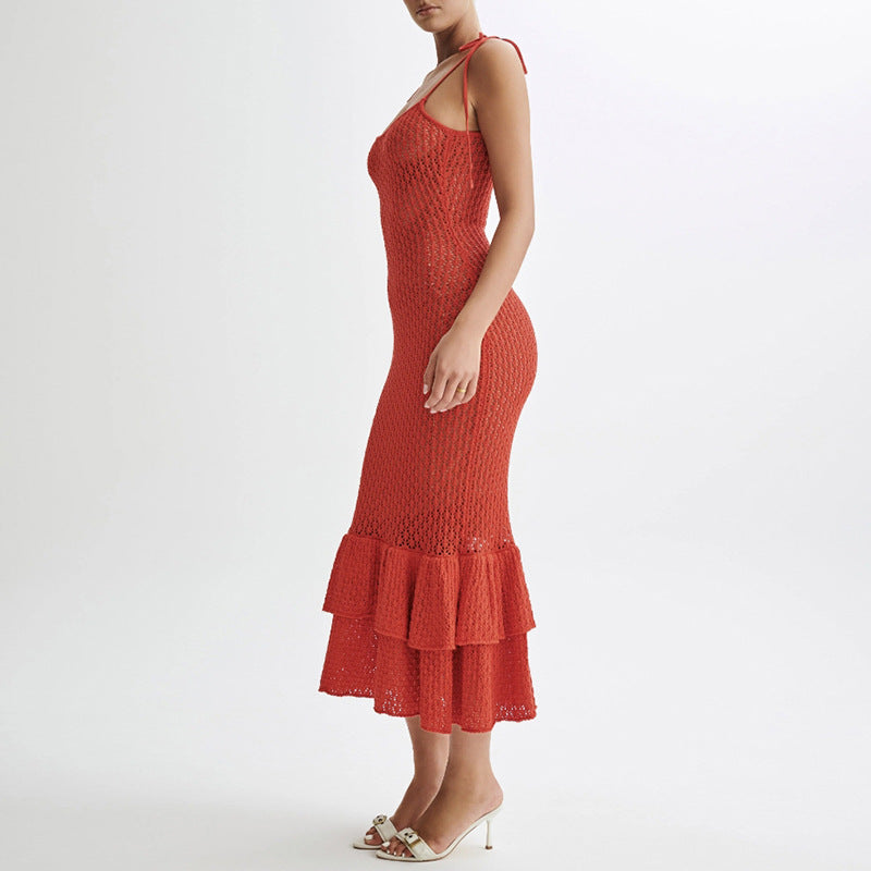 Damen Häkel-Maxikleid mit Volant und verstellbaren Trägern R&B