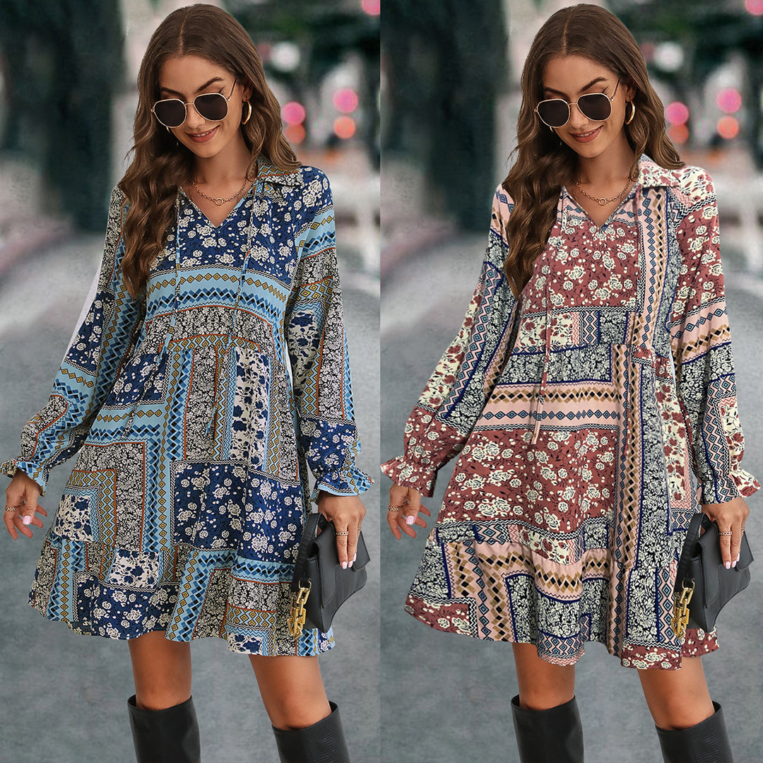 Damen Boho-Minikleid mit langen Ärmeln und buntem Muster R&B