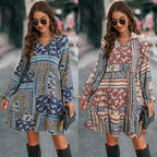 Damen Boho-Minikleid mit langen Ärmeln und buntem Muster R&B