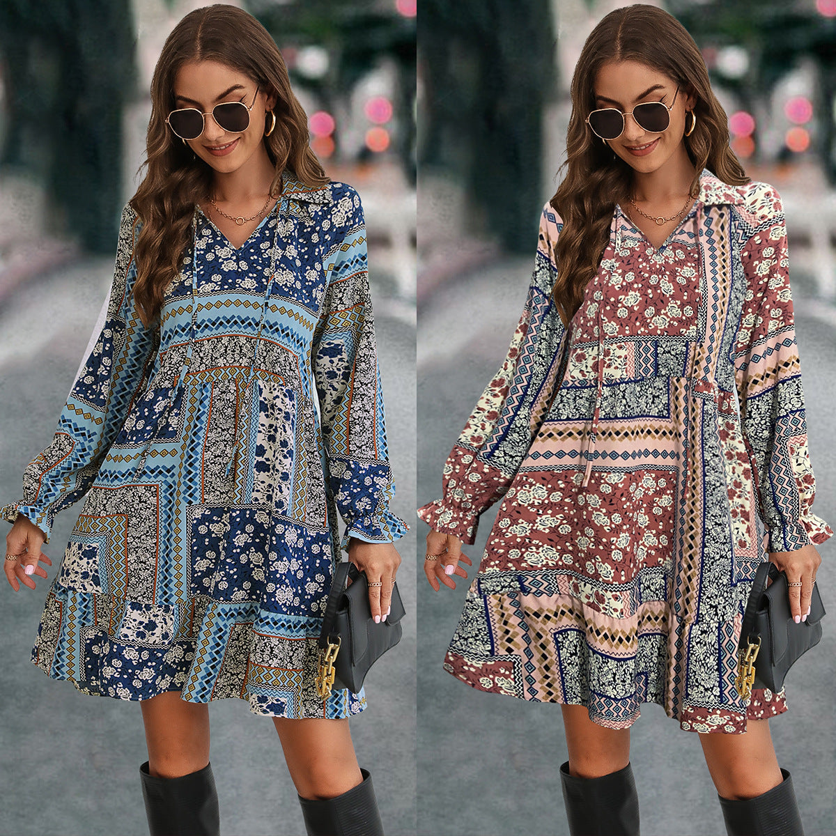 Damen Boho-Minikleid mit langen Ärmeln und buntem Muster R&B