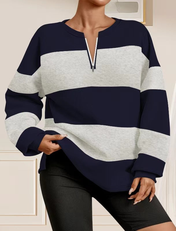 Damen modischer Sweatpullover mit Reißverschluss und gestreiftem Design R&B