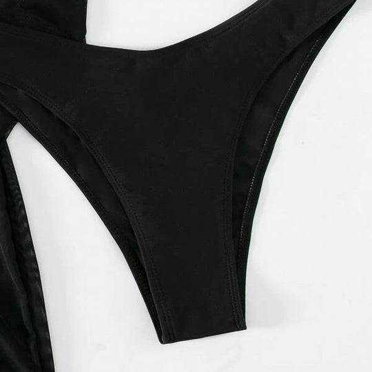 Damen Strandkleid mit transparentem Wickeldetail und modischen Ring-Elementen R&B