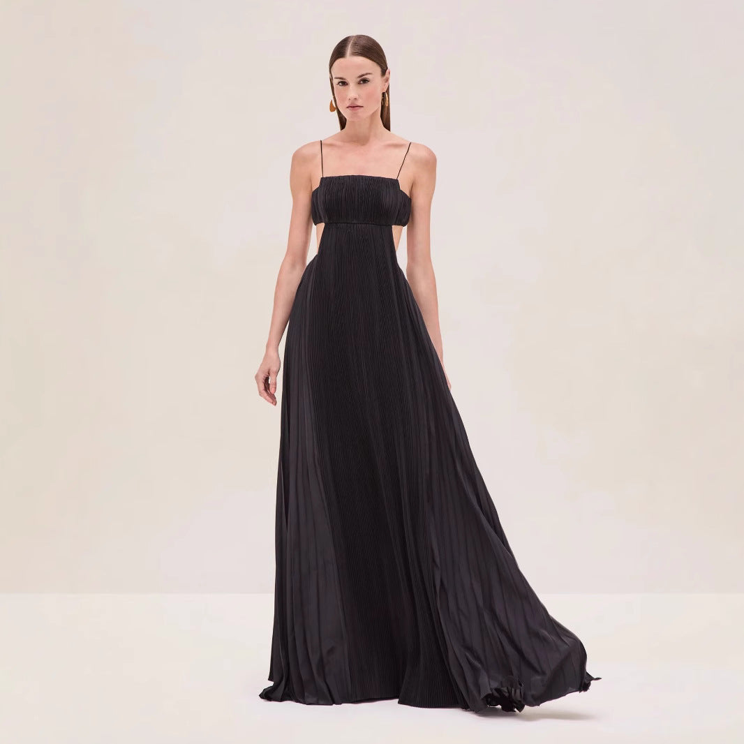 Damen Maxi-Kleid mit eleganter Plisseedetails und schmalen Spaghettiträgern R&B