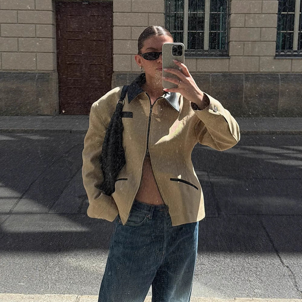 Damen lässige Übergangsjacke mit kontrastierendem Kragen und praktischen Taschen R&B