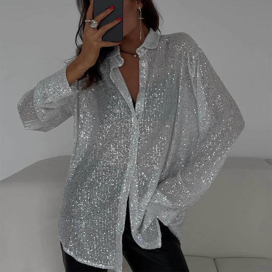 Damen Glitzerndes Langarmhemd mit lässigem Schnitt und eleganten Pailletten R&B
