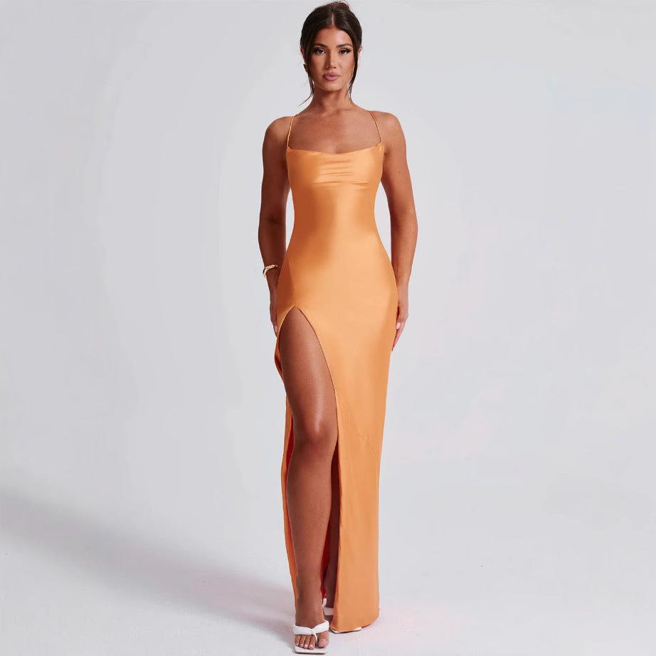 Damen Elegantes Maxikleid mit hochhängendem Schlitz und schmalem Trägerdesign EB