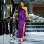 Damen Glitzerndes Abendkleid mit asymmetrischem Ausschnitt und hoher Beinschlitze R&B