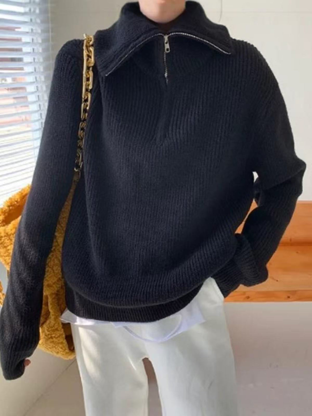Damen Leichter Strickpullover mit hohem Kragen und Reißverschluss R&B