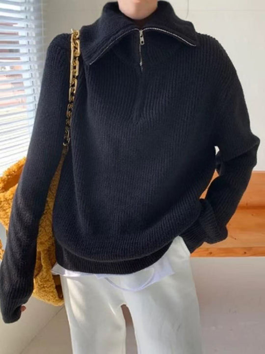 Damen Leichter Strickpullover mit hohem Kragen und Reißverschluss R&B