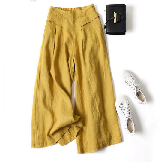 Damen Weit geschnittene Leinenhose mit hohem Bund und eleganten Falten R&B