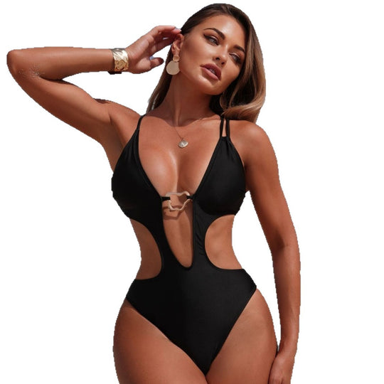 Damen Einteiler Badeanzug mit raffinierten Cut-Outs und modischem Schnallen-Detail R&B