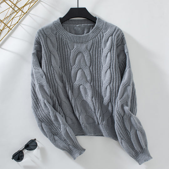 Damen grob gestrickter Pullover mit voluminösen Ärmeln und Zopfmuster R&B