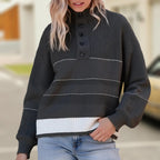 Damen modischer Strickpullover mit strukturiertem Kragen und Knopfdetails R&B