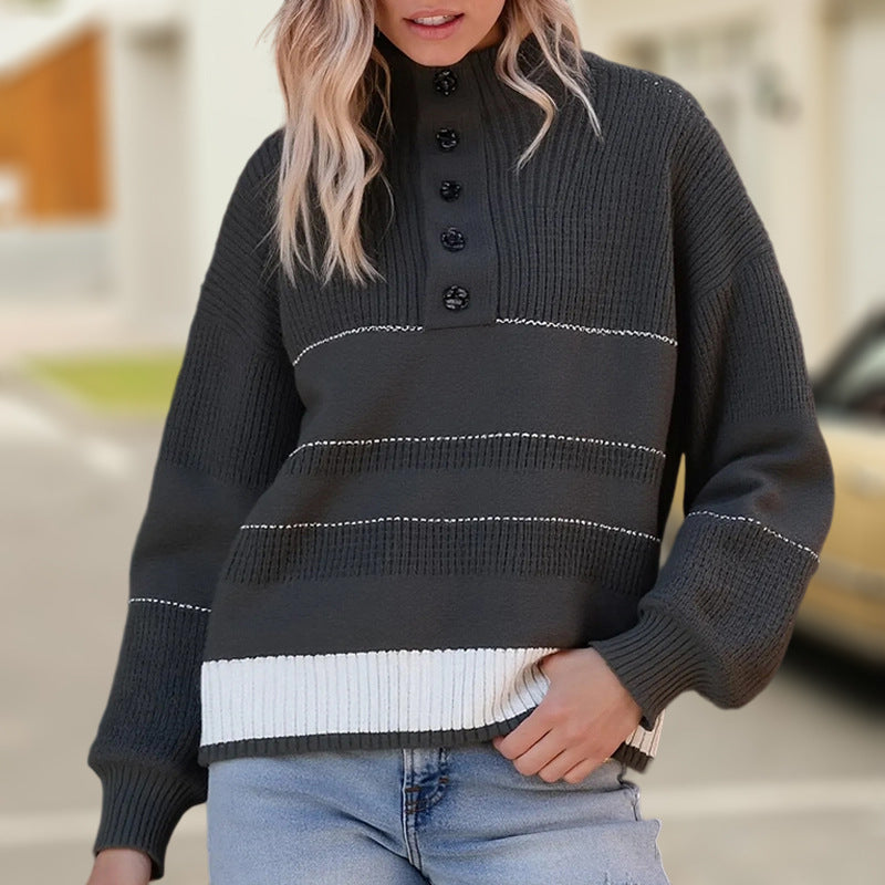 Damen modischer Strickpullover mit strukturiertem Kragen und Knopfdetails R&B