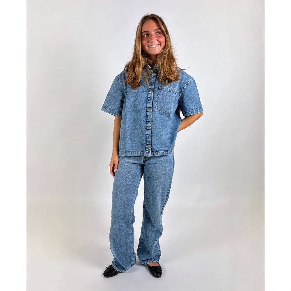 Damen Oversized Denim-Hemd mit kurzen Ärmeln und aufgesetzten Taschen R&B