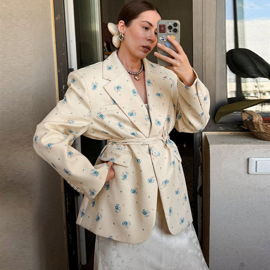 Damen Oversized Blazer mit floralen Details und Taillengürtel R&B