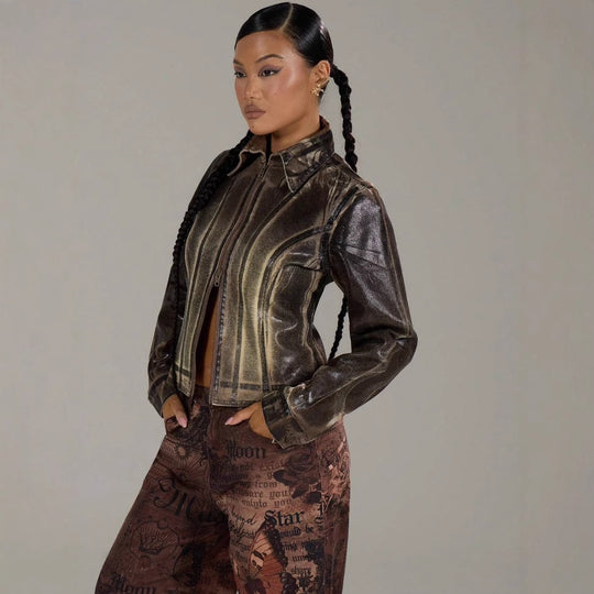 Damen modische Jacke mit strukturiertem Design und praktischen Reißverschluss R&B