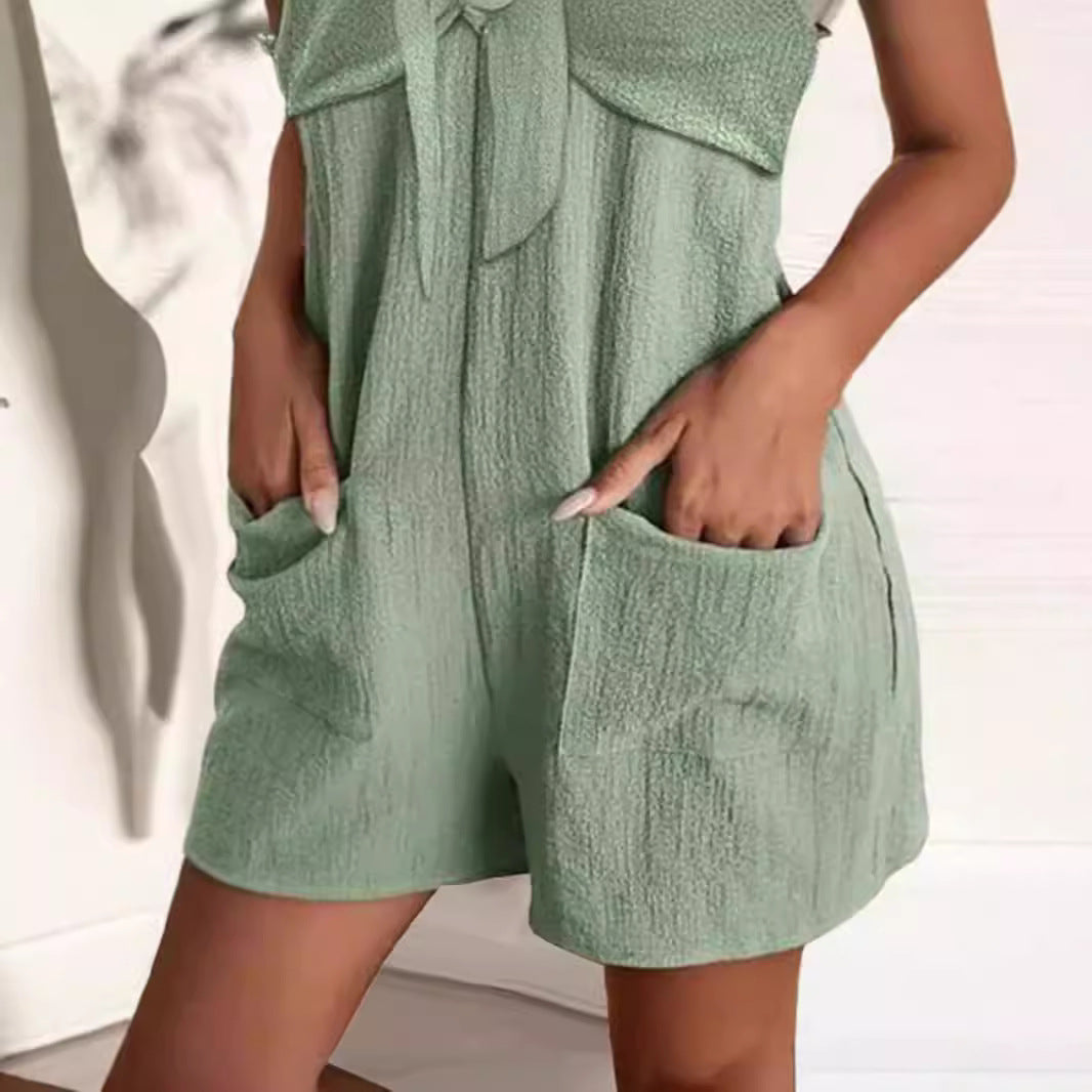 Damen Verspielter Sommer Jumpsuit mit dekorativen Trägern und Taschen R&B