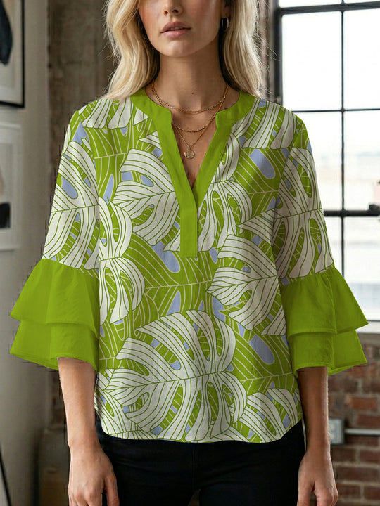 Damen Bluse mit voluminösen Rüschenärmeln und floralem Druck R&B