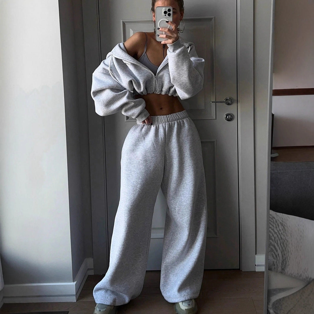 Damen lässiges Cropped Sweat-Set mit voluminösen Ärmeln und weitem Schnitt R&B