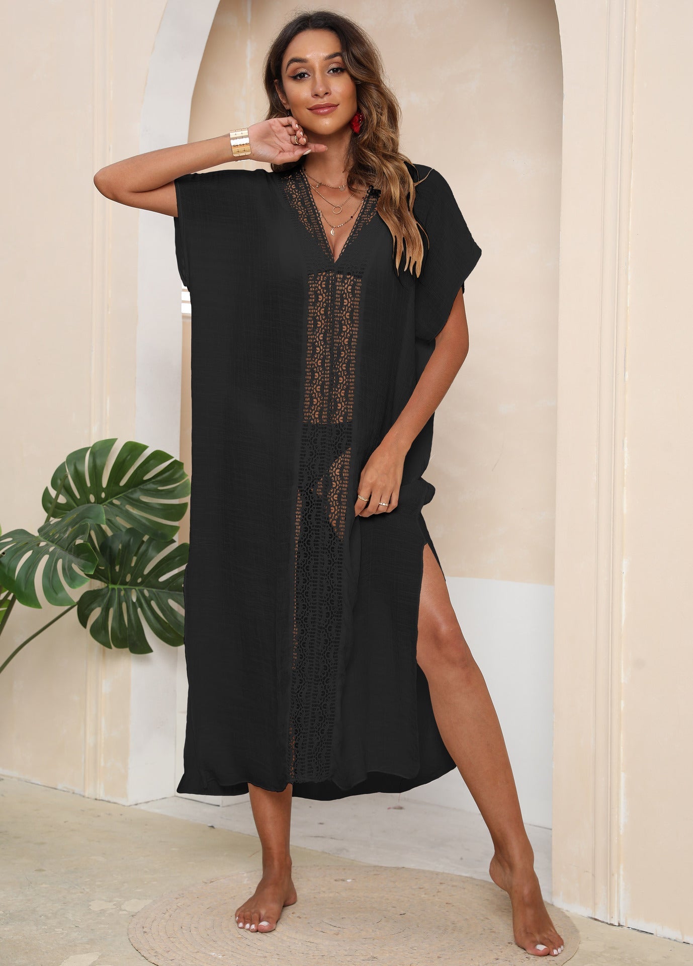 Damen eleganter Strandüberwurf mit Häkelakzenten R&B