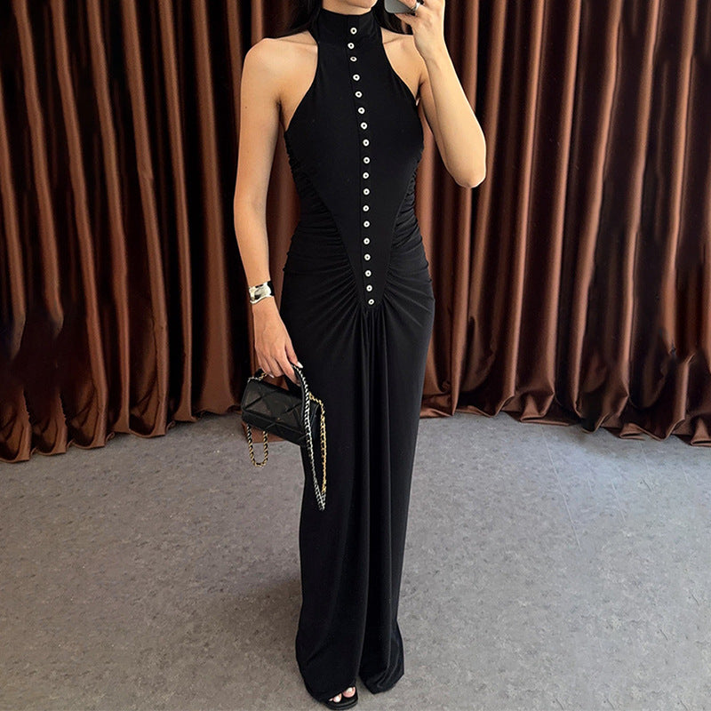 Damen Elegantes, figurbetontes Maxikleid mit hochgeschlossenem Ausschnitt und Knopfdetails R&B