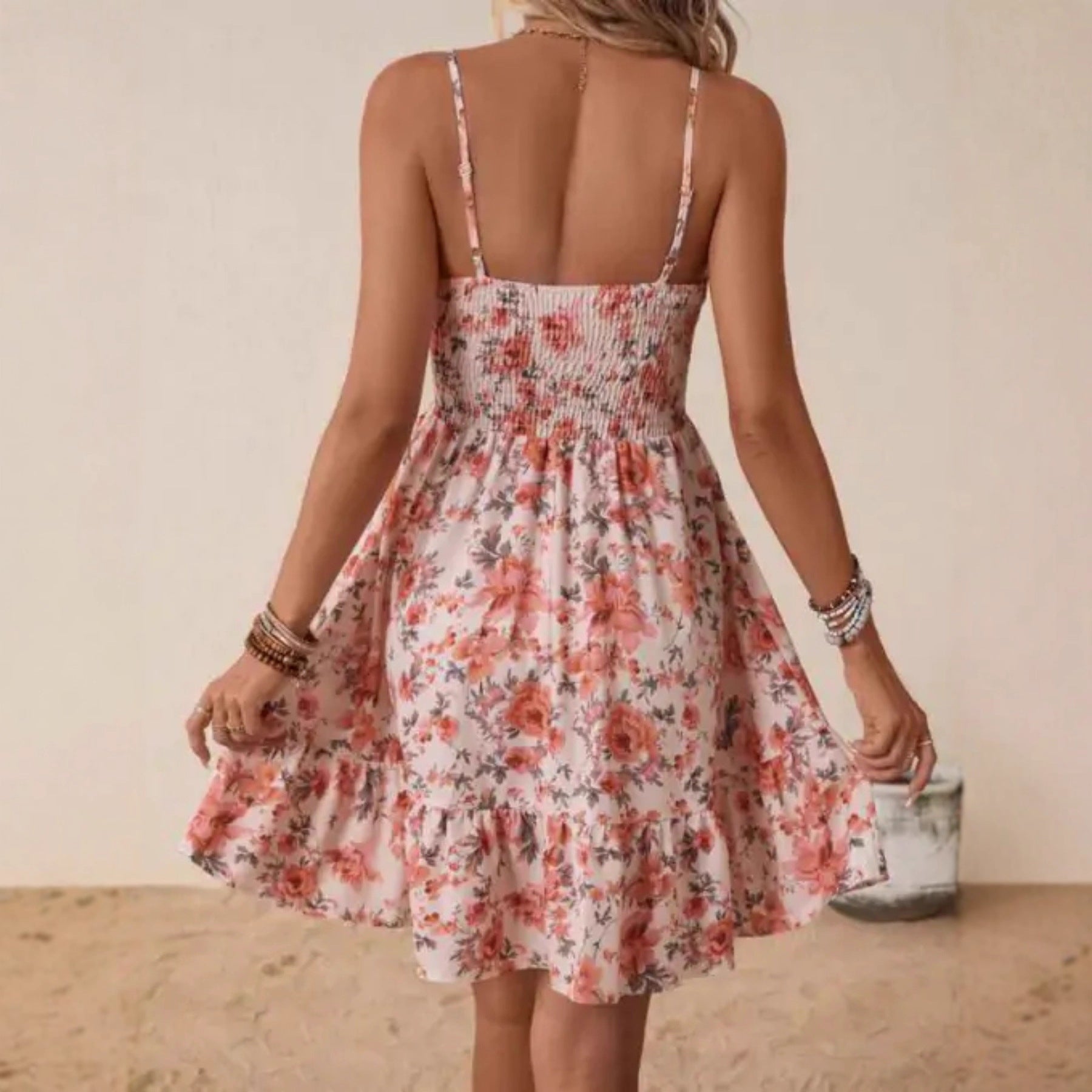 Damen Floral Sommerkleid mit schwingendem Rock und Spaghetti-Trägern R&B