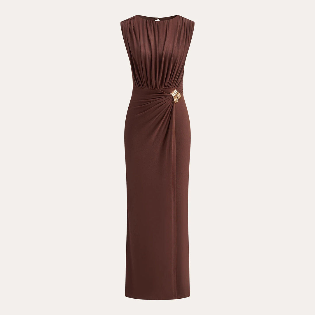 Damen Satin Maxikleid ärmellos mit Raffungen