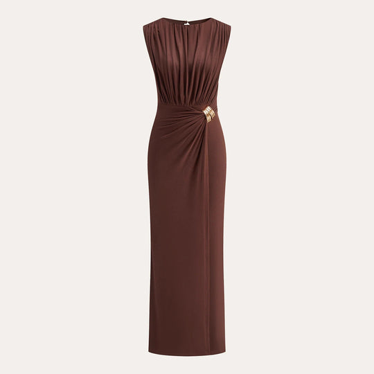 Damen Satin Maxikleid ärmellos mit Raffungen