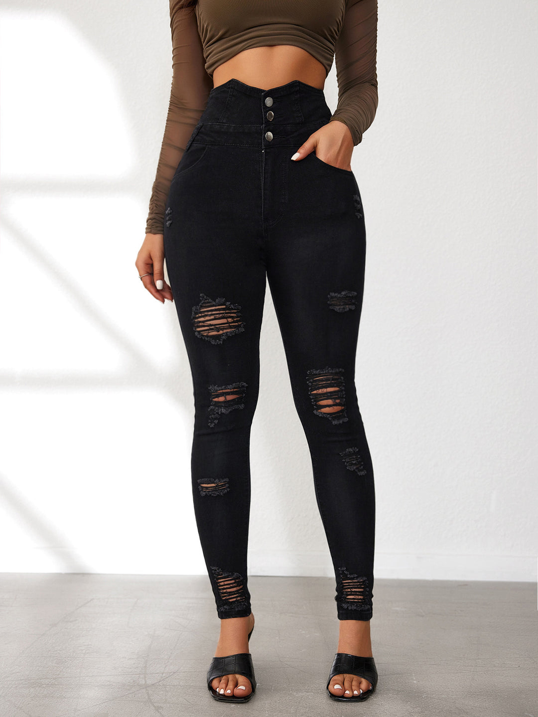 Damen Hochtaillierte Skinny Jeans mit modischen Rissen und eleganter Knopfleiste R&B