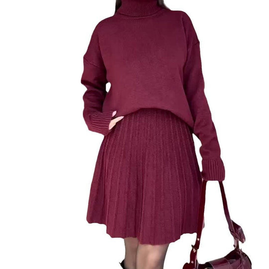 Damen Elegantes Strickensemble mit Rollkragen und fließendem Rock R&B