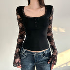 Damen Elegantes Langarmshirt mit Spitze und Knopfdetails R&B