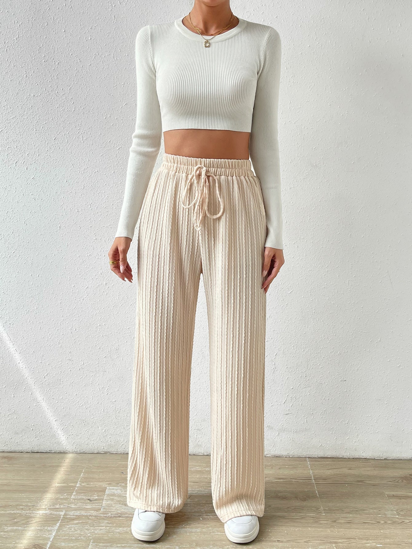 Damen Palazzo-Hose mit vertikalem Kordeldesign und elastischem Bund R&B