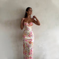 Damen bodenlanges Blumen-Minikleid mit Spaghettiträgern und Raffungen R&B