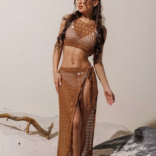 Damen Häkel-Bikini-Set mit hochgeschnittenem Rock R&B