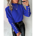 Damen elegante Bluse mit Puffärmeln und goldenen Knopfdetails R&B