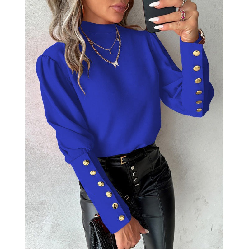 Damen elegante Bluse mit Puffärmeln und goldenen Knopfdetails R&B
