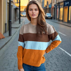 Damen lockerer Strickpullover mit buntem Streifenmuster R&B