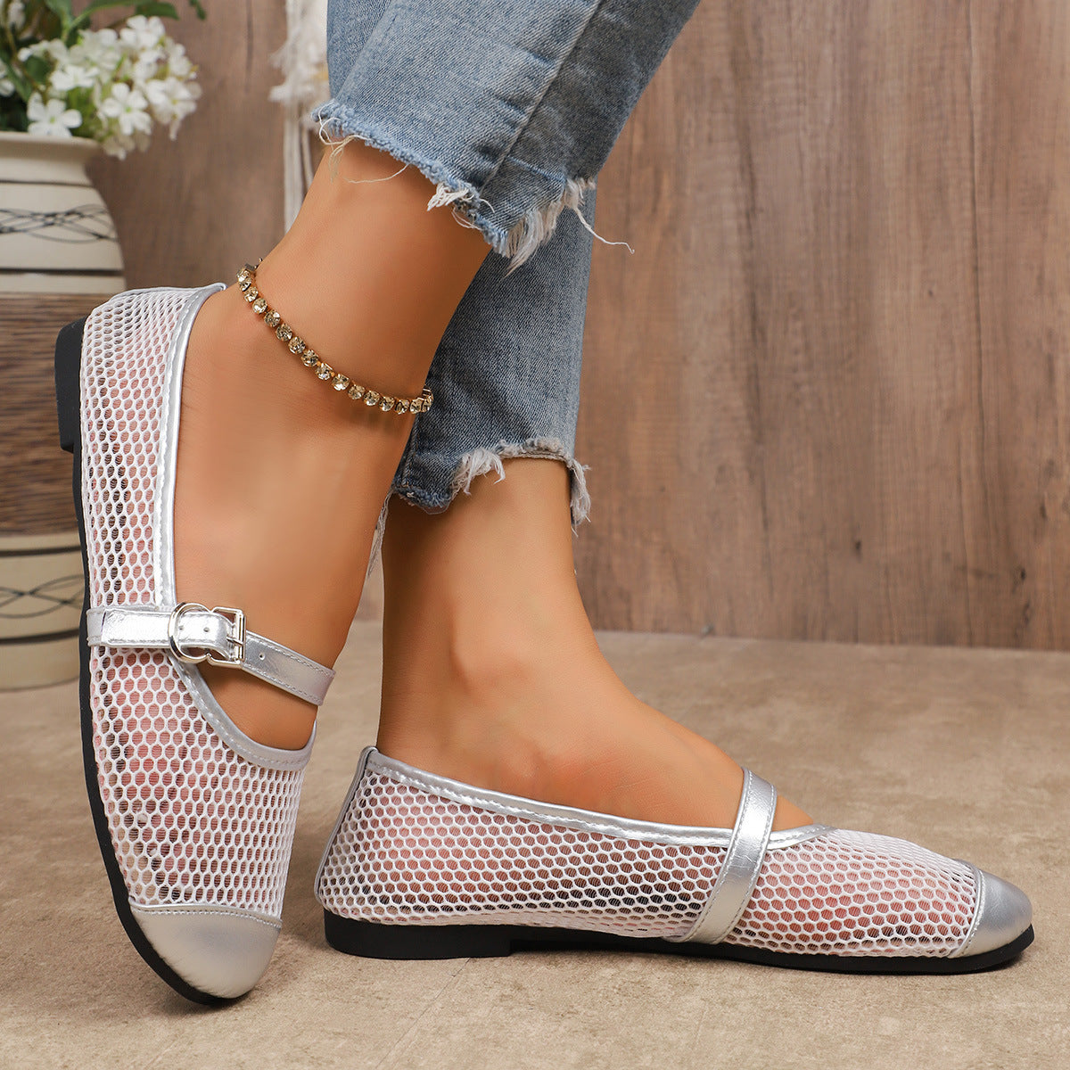 Damen Slip-On Ballerinas mit atmungsaktivem Netzdesign und elegantem Riemen R&B