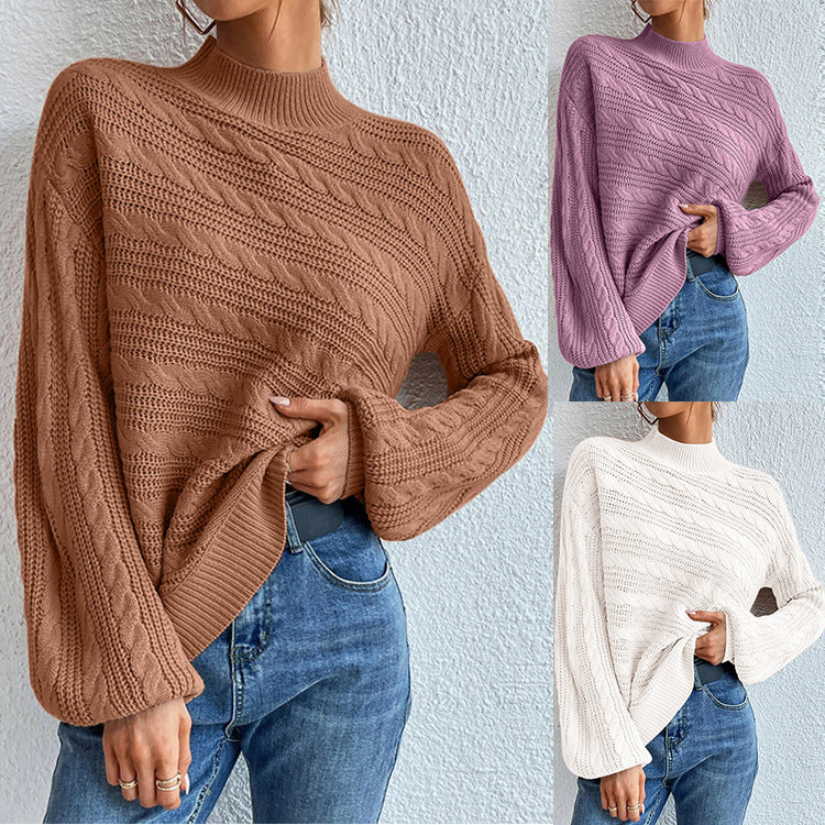 Damen Strickpullover mit hohem Kragen und modernem Kabelstrickdesign R&B