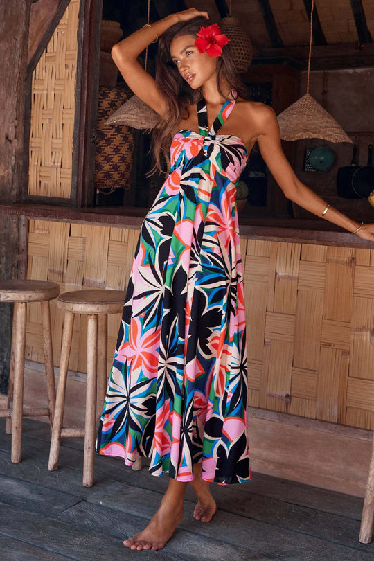 Damen Maxi Kleid mit raffiniertem Halterneck und trendigem Print R&B