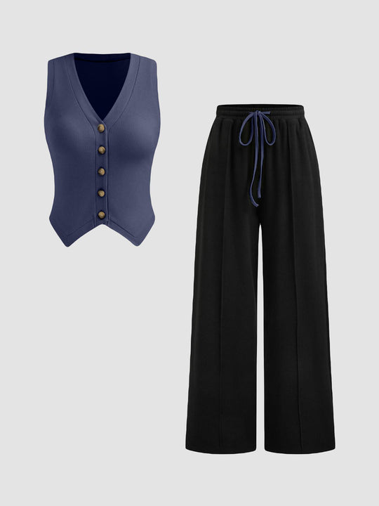 Damen lässiges Knopf-Top mit weitem Hose R&B