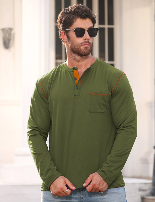 Herren nan Langarmshirt mit kurzer Knopfleiste Brusttasche und kontrastierenden Ziernähten R&B