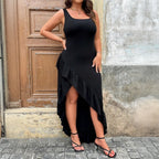 Damen elegantes Maxikleid mit asymmetrischem Saum und Rüschendetails R&B