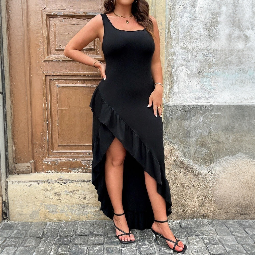 Damen elegantes Maxikleid mit asymmetrischem Saum und Rüschendetails R&B