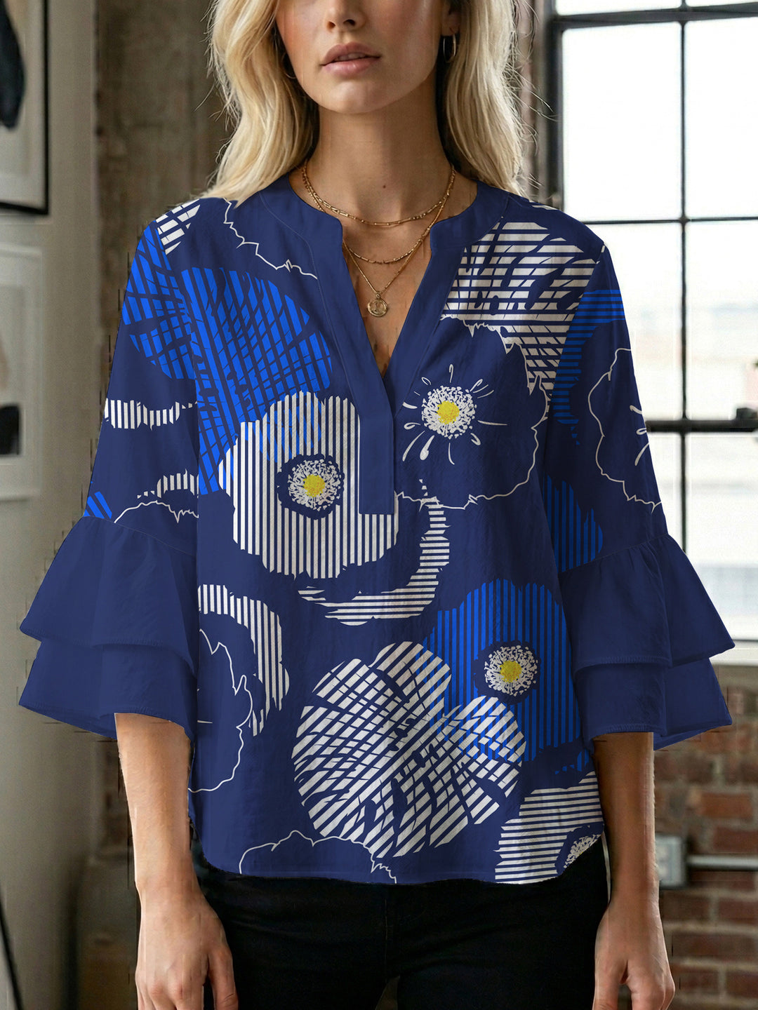 Damen elegantes Blusenshirt mit voluminösen Rüsenärmeln und grafischem Blumendesign R&B