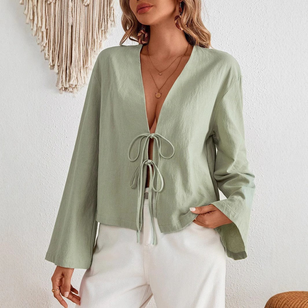 Damen lässige Shirtjacke mit tiefer V-Ausschnitt und Schleifenverschluss R&B
