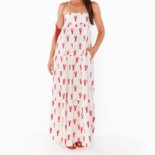 Damen nan trägerloses Bandeau-Maxikleid mit gestuftem Volantrock und maritimem Hummer-Motiv R&B