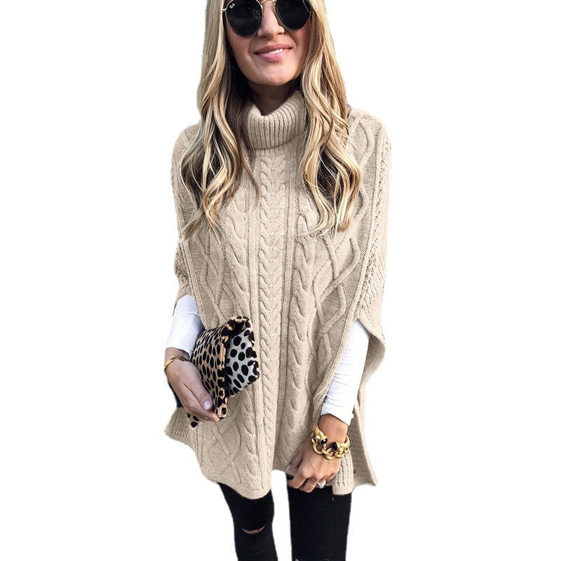 Damen nan kastiger Strickponcho mit hohem Rollkragen, Zopfstruktur und seitlichen Schlitzen R&B